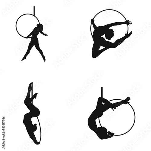 Aerial Hoop Silhouette. Woman Gymnast Dancer. Isolated On White Background. Vector Illustration Set