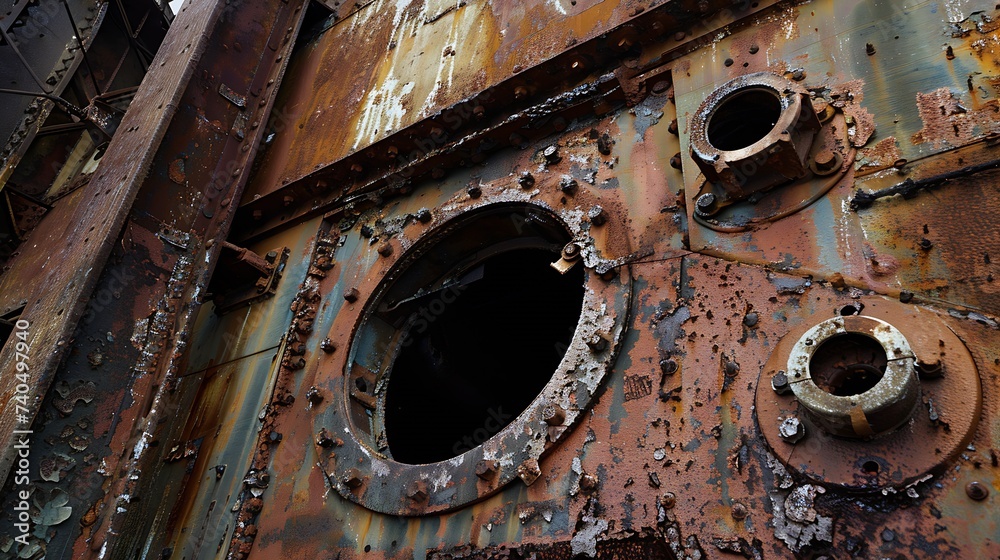 Old rusty abandoned metallurgical plant. Ruined blast furnace. : Generative AI