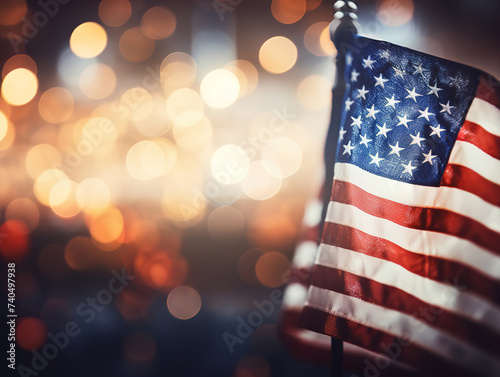 American flag with bokeh background