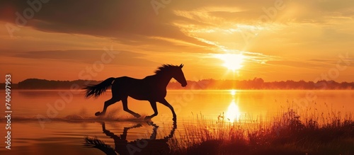 A majestic horse galloping through the water under the colorful sky at dusk, with sunlight reflecting on the tranquil landscape of grassland and clouds