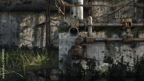 old steel and wood ruin antique old building in swamp brown gray grey cement and metal rods industrial decay broken down rough textures rustic pollution poor with dark gross water with : Generative AI photo