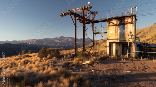 An abandoned cableway station of the La Mejicana mine at the foot of the Sierra de Famantina, Chilecito, La Rioja, Argentina : Generative AI photo