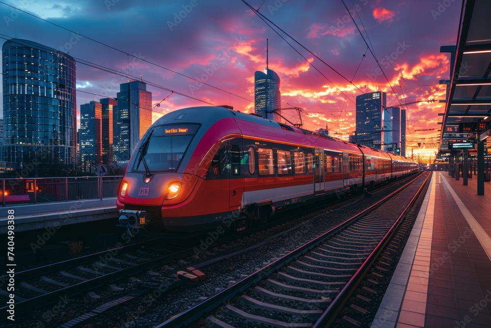 Beautiful railway station with modern high speed red commuter train at colorful sunset. Railroad with vintage toning. Train at railway platform.