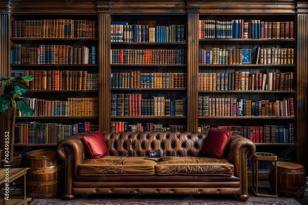 Bookshelves in the library. Large bookcase with lots of books. Sofa in the room for reading books. Library or shop with bookcases. Cozy book background. Bookshelves in the library. Large bookcase with lots of books. Sofa in the room for reading books. Library or shop with bookcases. Cozy book background.