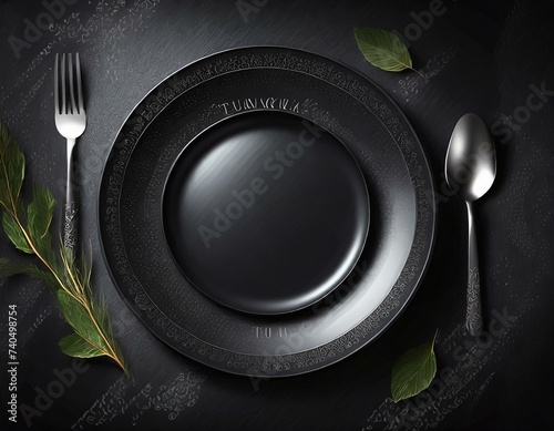 Isolated realistic luxury black round plate on the dark table. 3d elegant wallpaper for prem