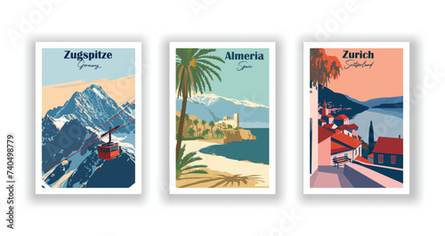 Almeria, Spain. Zugspitze, Germany. Zurich, Switzerland - Vintage travel poster. Vector illustration. High quality prints