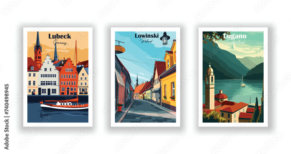 Lowinski, Poland. Lubeck, Germany. Lugano, Switzerland - Vintage travel poster. Vector illustration. High quality prints