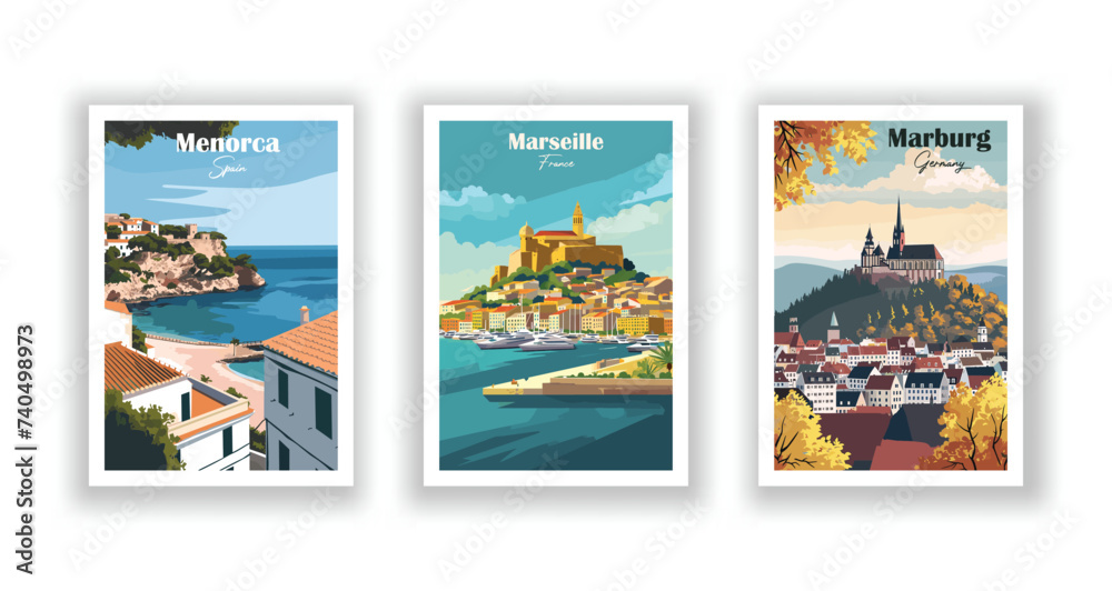 Marburg, Germany. Marseille, France. Menorca, Spain - Vintage travel poster. Vector illustration. High quality prints