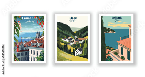 Lausanne, Switzerland. Lefkada, Greece. Liege, Belgium - Vintage travel poster. Vector illustration. High quality prints photo