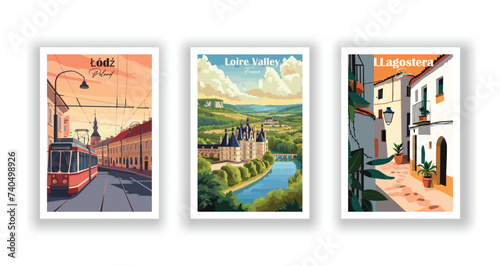 LLagostera, Spain. Łódź, Poland. Loire Valley, France - Vintage travel poster. Vector illustration. High quality prints