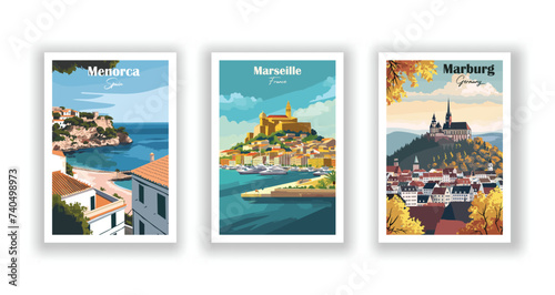 Marburg, Germany. Marseille, France. Menorca, Spain - Vintage travel poster. Vector illustration. High quality prints