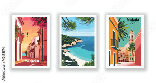 Malaga, Spain. Mallorca, Spain. Marbella, Spain - Vintage travel poster. Vector illustration. High quality prints