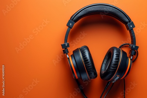 podcasting concept, directly above view of headphones and recording microphone on a orange background. © Tjeerd