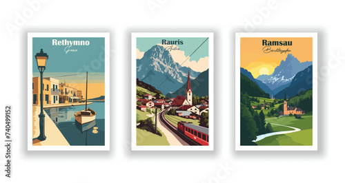 Ramsau, Berchtesgaden. Rauris, Austria. Rethymno, Greece - Vintage travel poster. Vector illustration. High quality prints photo