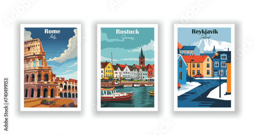Reykjavik, Iceland. Rome, Italy. Rostock, Germany - Vintage travel poster. Vector illustration. High quality prints photo