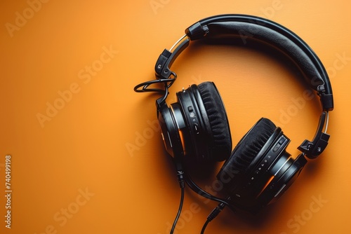 podcasting concept, directly above view of headphones and recording microphone on a orange background.