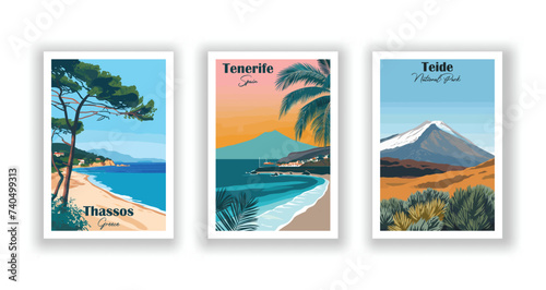 Teide, National Park. Tenerife, Spain. Thassos, Greece - Vintage travel poster. Vector illustration. High quality prints