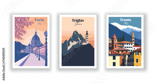 Trento, Italy. Triglav, Slovenia. Turin, Italy - Vintage travel poster. Vector illustration. High quality prints