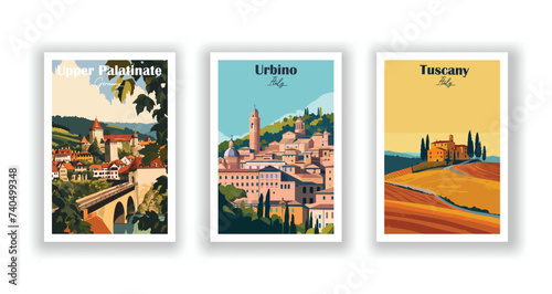 Tuscany, Italy. Upper Palatinate, Germany. Urbino, Italy - Vintage travel poster. Vector illustration. High quality prints photo