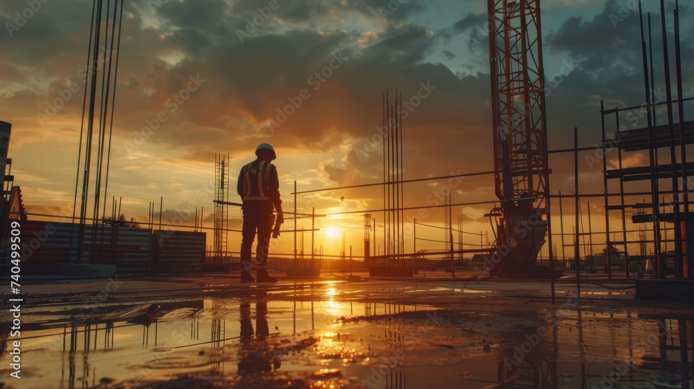 Construction worker on construction site, sunset background