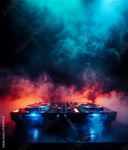 DJ Spinning set for Mixing and Scratching in a Night Club, track controls on dj's deck, strobe lights and fog.