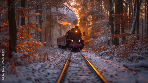 black steam locomotive in the snowy landscape forest mountains of Harz Germany in winter with snow, Steam engine train in Harz Region at sunset © Fokke Baarssen