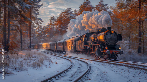 black steam locomotive in the snowy landscape forest mountains of Harz Germany in winter with snow, Steam engine train in Harz Region winter forest