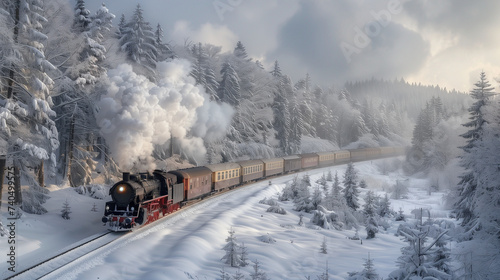 black steam locomotive in the snowy landscape forest mountains of Harz Germany in winter with snow, Steam engine train in Harz Region forest, winterwonderland