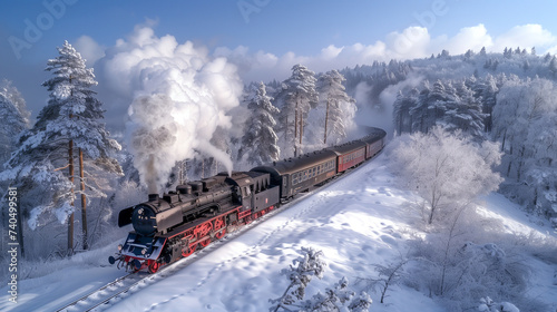 black steam locomotive in the snowy landscape forest mountains of Harz Germany in winter