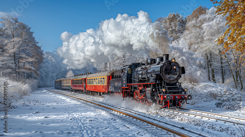 black steam locomotive in the snowy landscape forest mountains of Harz Germany in winter with snow, Steam engine train in Harz Region daytime blue sky