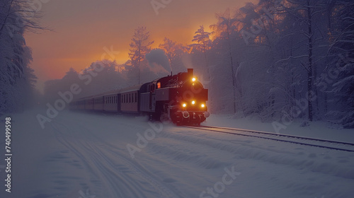 black steam locomotive in the snowy landscape forest mountains of Harz Germany in winter with snow, Steam engine train in Harz Region forest at sunset