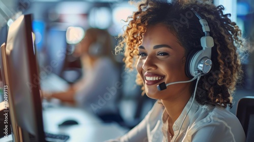 Call center agent smiling while working on a computer and talking with a customer on the phone, customer support representative