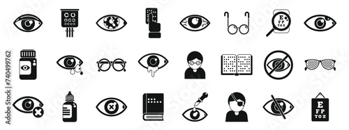 Visual impairment icons set simple vector. Blind braille guide. Reading person cane photo