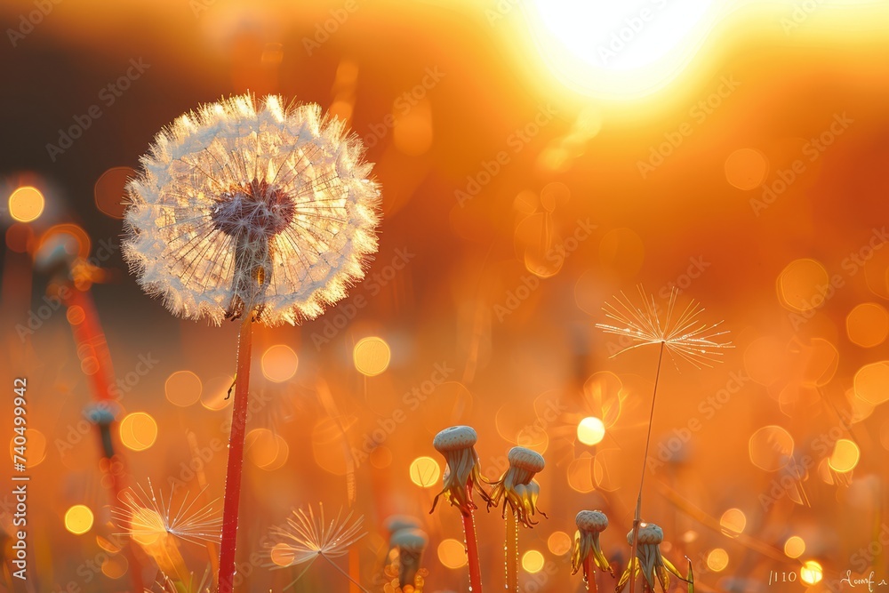 Silhouette of dandelion against the backdrop of the setting sun. Macro photography wuth place for text. Summer concept.