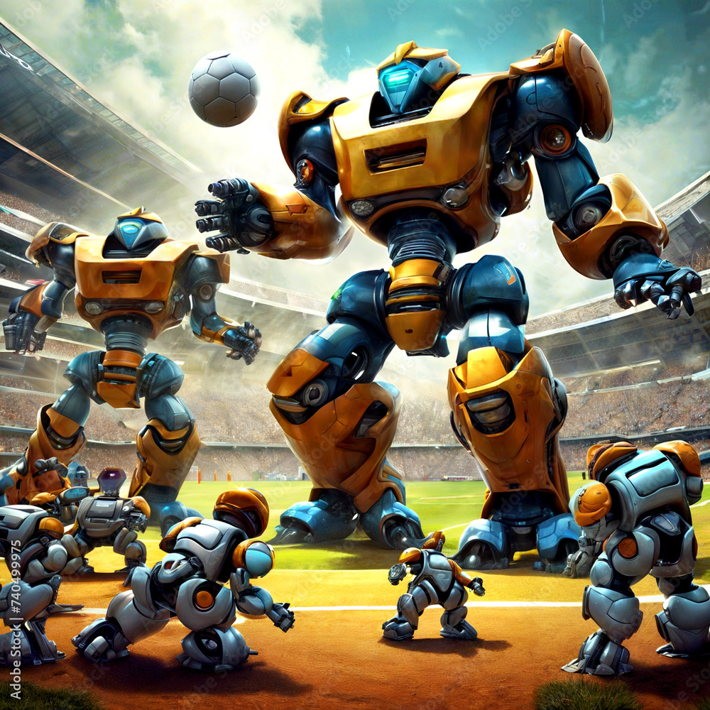 Robots play football. Modern fantasy illustration