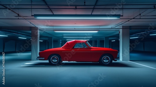 Red covered vintage car in empty underground parking background with copy space : Generative AI © Generative AI