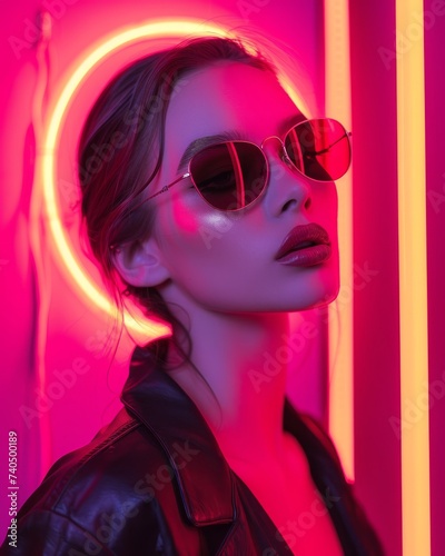A stylish woman wearing a leather jacket stands before a glowing neon light, conveying a sense of mystery and coolness