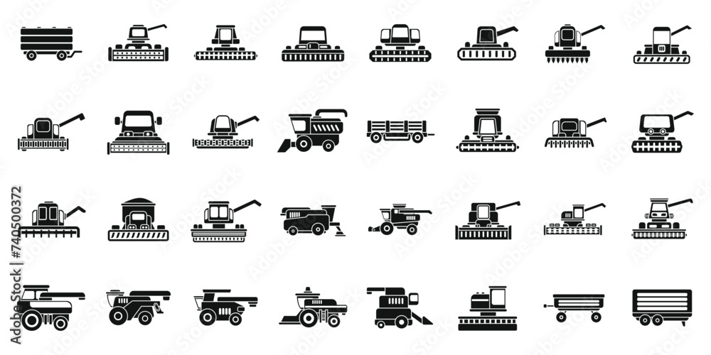 Combine harvester icons set simple vector. Farm agriculture. Summer rural machinery