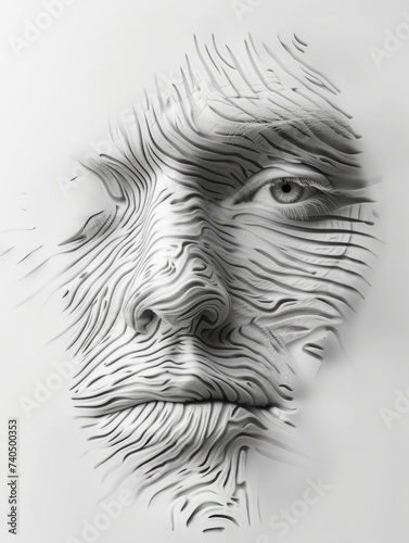 Stunning monochromatic 3d art rendering of a human face with abstract texture elements