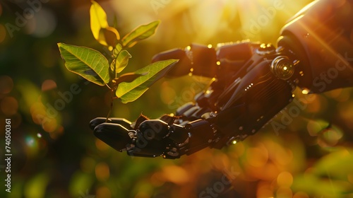 hand of technology labor mechanic robot hold tree seed with sunshine background photo