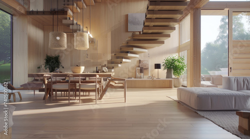 living room and dining with staircase