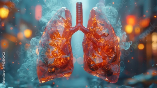 Low poly lungs paired with a wearable air purifier depicted in an urban landscape filled with digital smog particles being filtered photo