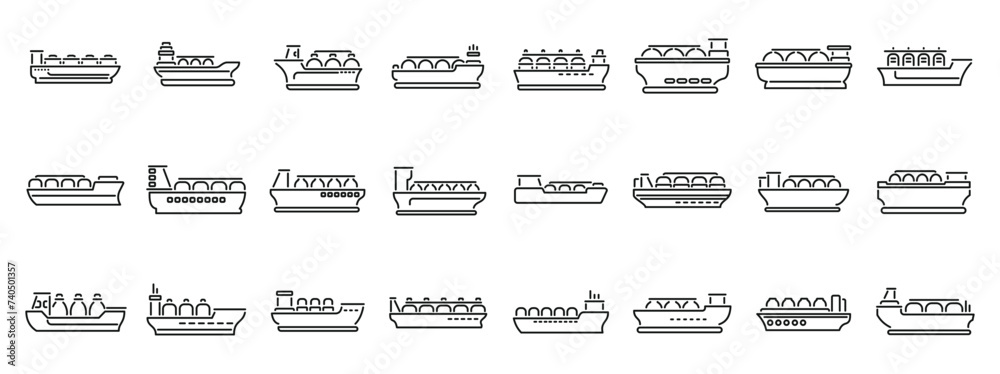 Gas carrier ship icons set outline vector. Energy terminal port. Marine boat industry - obrazy, fototapety, plakaty 