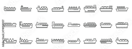 Gas carrier ship icons set outline vector. Energy terminal port. Marine boat industry photo