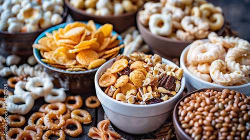 Assorted snacks in bowls on dark wood.