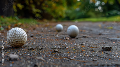 Golf balls on pavement with focused foreground.