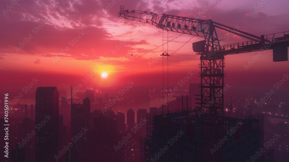 Building under construction and a crane, sunset in background