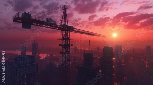 Building under construction and a crane, sunset in background