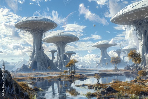 Alien mushroom-like structures in an otherworldly landscape