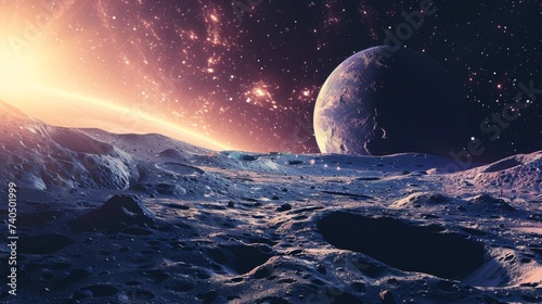 Lunar landscape with distant planet, evoking space exploration.